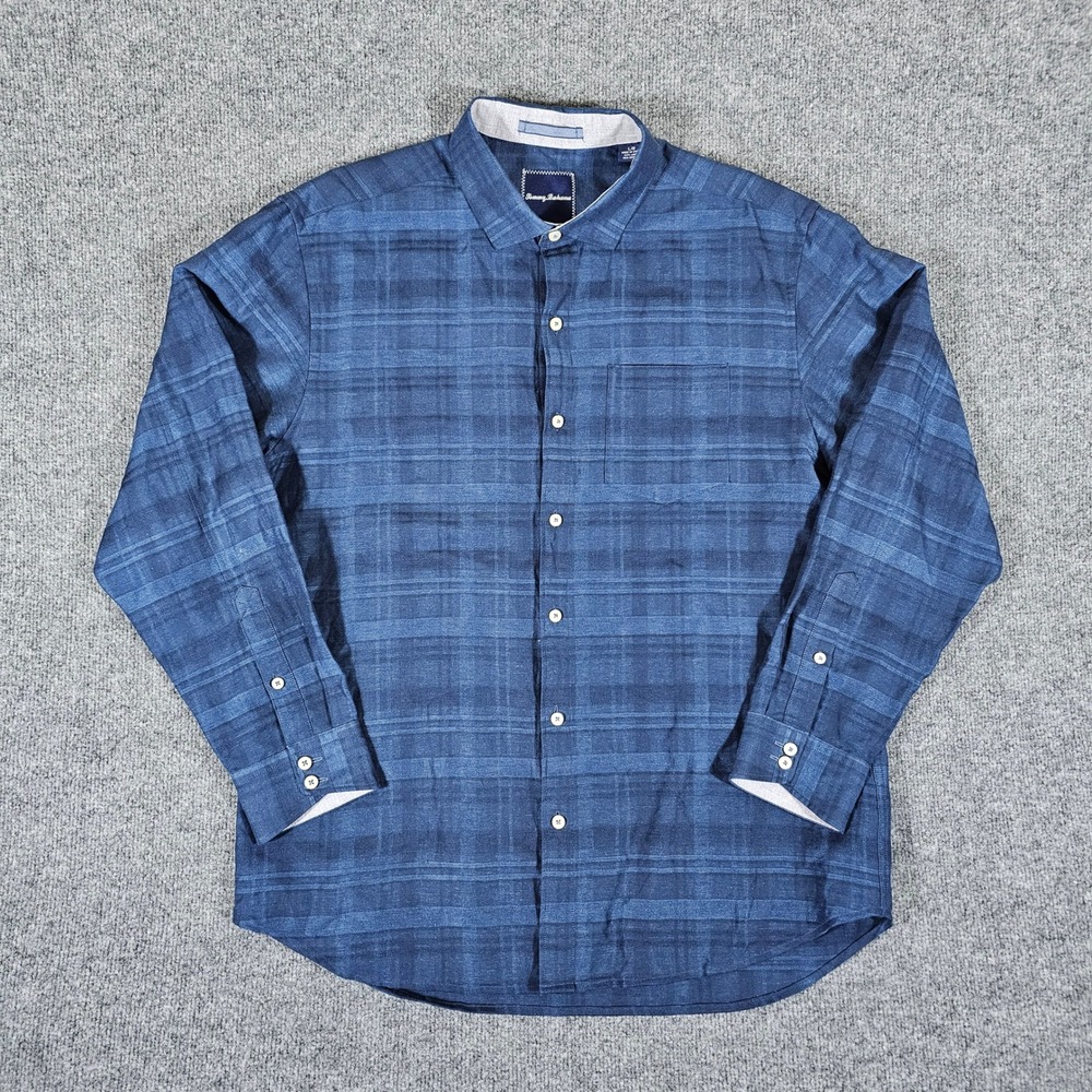 Tommy Bahama Plaid Long Sleeve Linen Cotton Shirt Blue‎ Mens Size Large Preppy